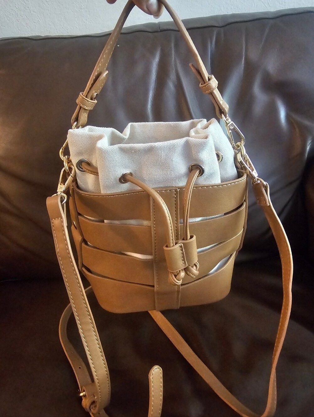 Madison West Tan and Cream Woven Bucket Crossbody Bag